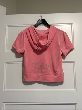 Juicy Couture Pink Velour Short Sleeve Hoodie with Rhinestone Logo Sz Medium